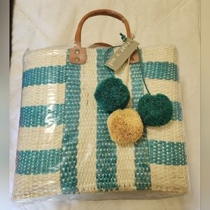 Mar Y Sol Teal and Cream Striped Woven Tote Bag